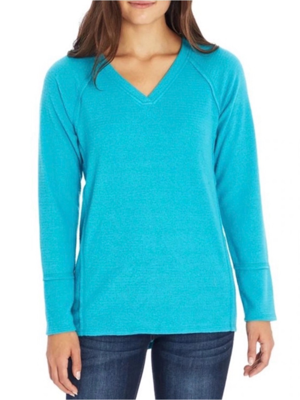 Wildfox Women's Long Sleeve V-Neck Haley Brushed Sweater Waffle Top Peacock med